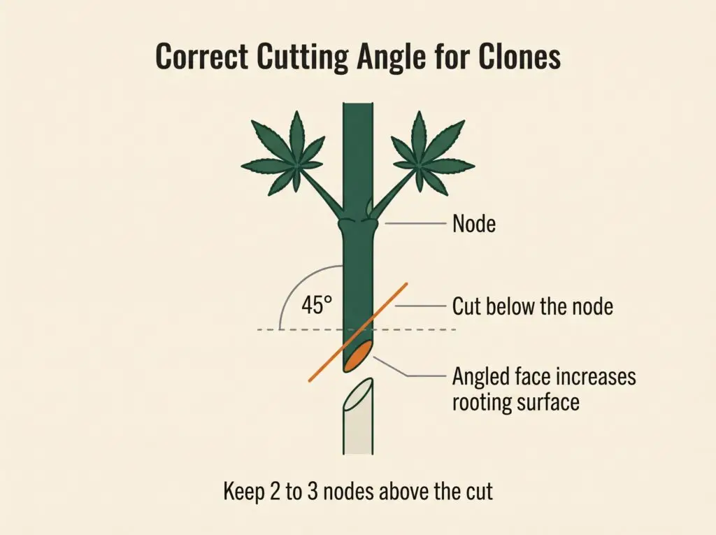 Diagram showing correct 45-degree stem cut angle below a node for plant cloning