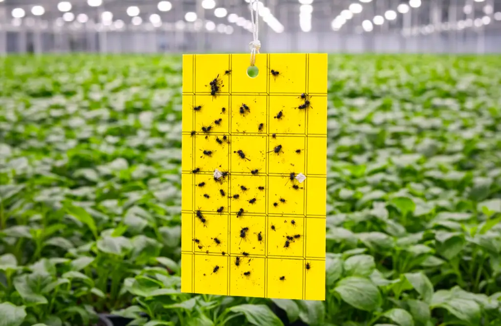 HBX yellow sticky traps deployed at canopy level in indoor grow for thrips and fungus gnat monitoring