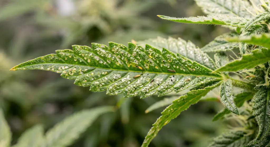 Thrips feeding damage on cannabis leaf showing silver stippling and black frass deposits