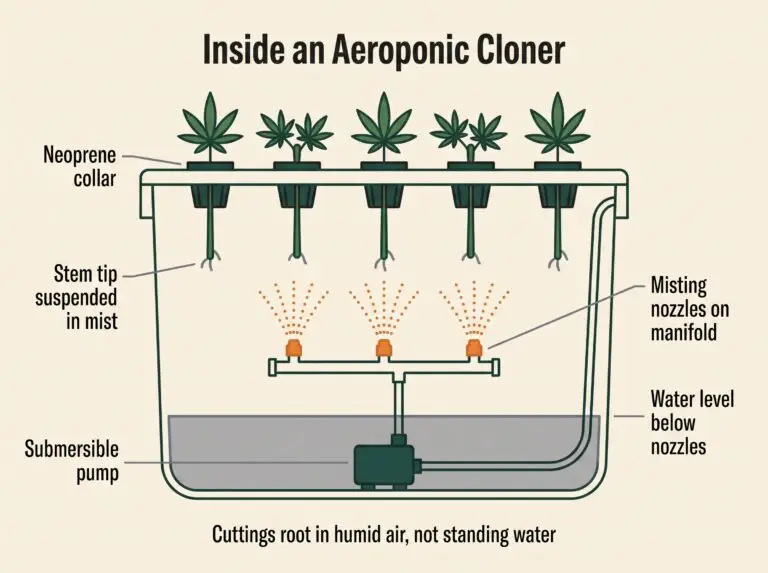 Cross-section diagram of aeroponic cloning machine showing mist nozzles and clone stem placement