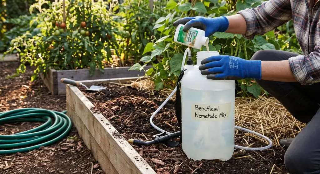 Beneficial nematodes mixed with water in sprayer ready for garden soil application