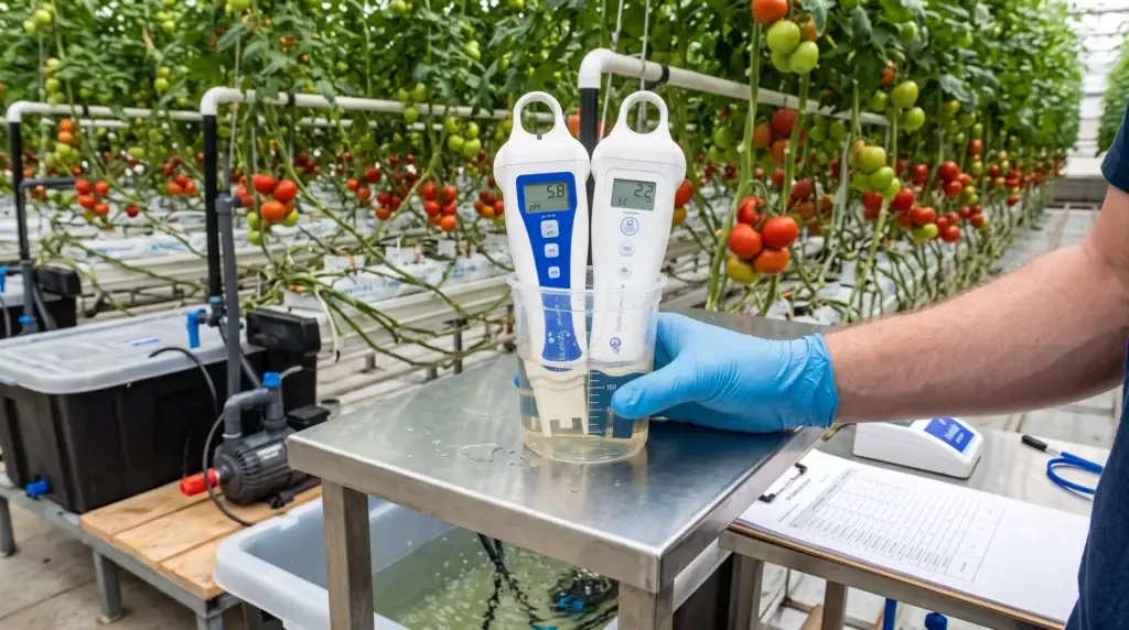 Bluelab pH pen and conductivity pen testing hydroponic tomato nutrient solution