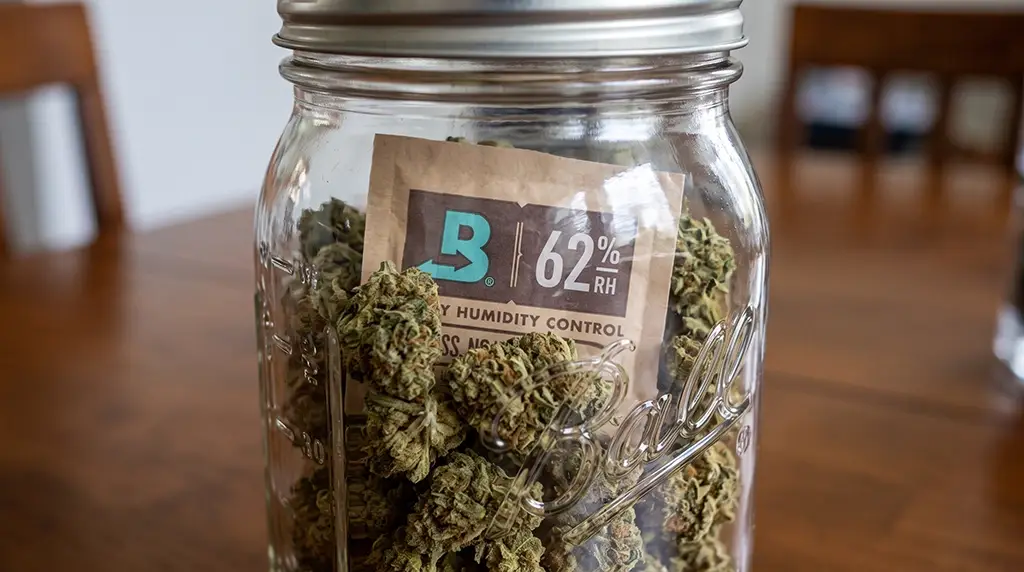 Boveda two-way humidity control pack placed inside glass jar with cannabis flower