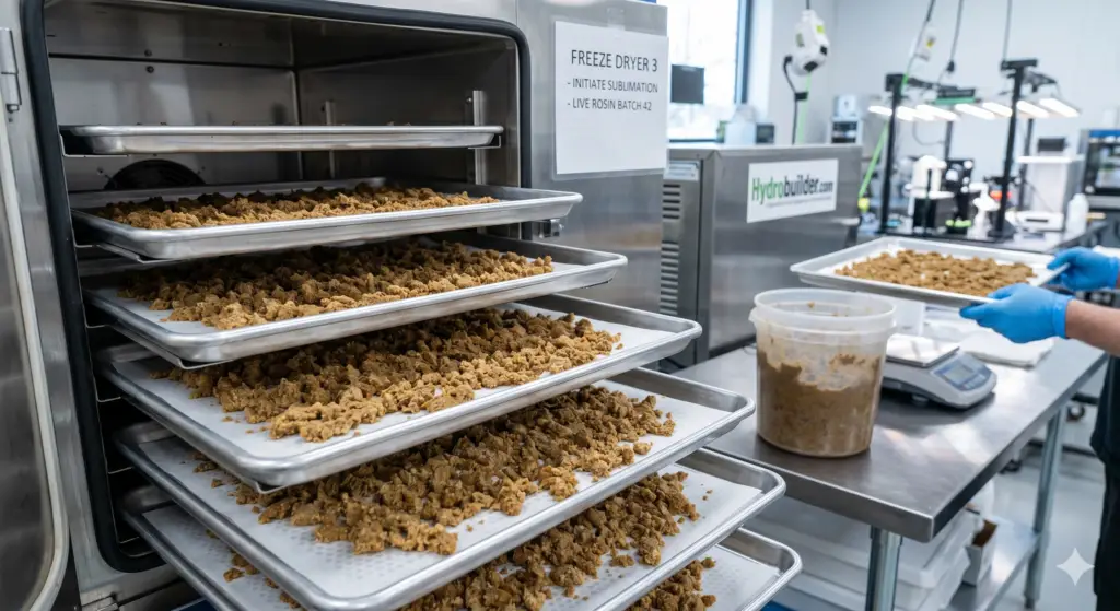 Bubble hash spread on freeze dryer trays before sublimation drying for live rosin production