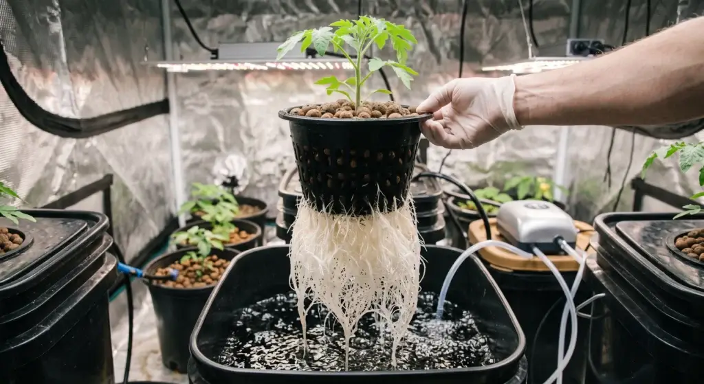 LECA clay pebbles in a net pot inside a deep water culture hydroponic system