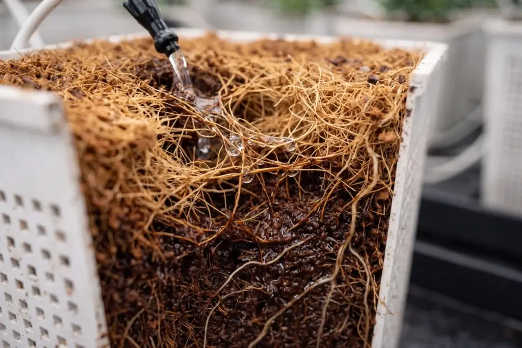 Coco coir fiber texture showing moisture retention and aeration structure for hydroponic growing