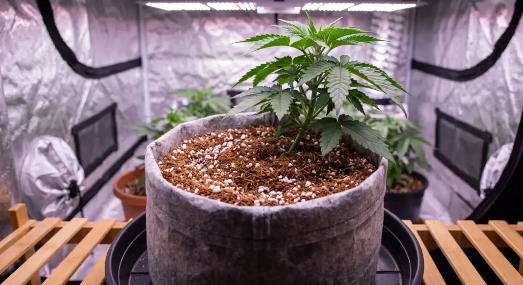 Coco coir and perlite 70-30 blend in fabric grow bag for indoor cannabis cultivation