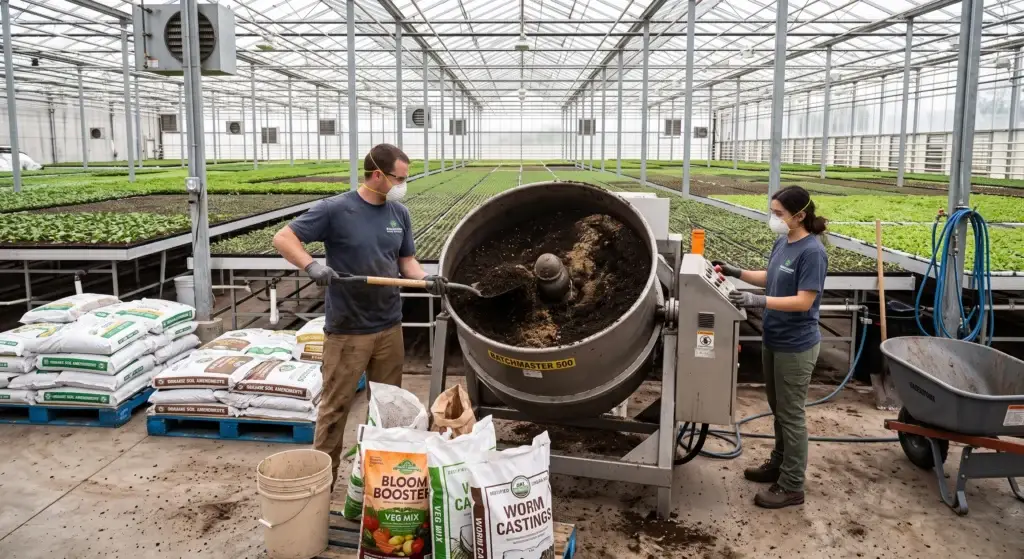 Commercial growing facility mixing dry organic soil amendments into large soil batch before planting