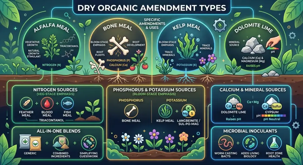 Dry organic amendment types including bone meal, kelp meal, alfalfa meal, and dolomite lime labeled for use