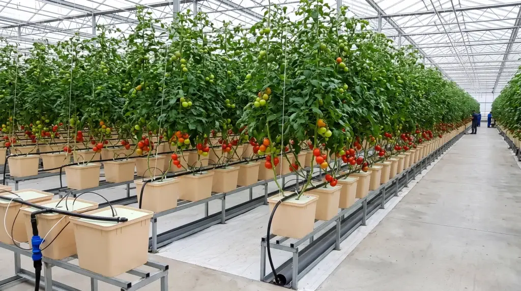 Commercial Dutch bucket hydroponic system with drip lines for tomato production