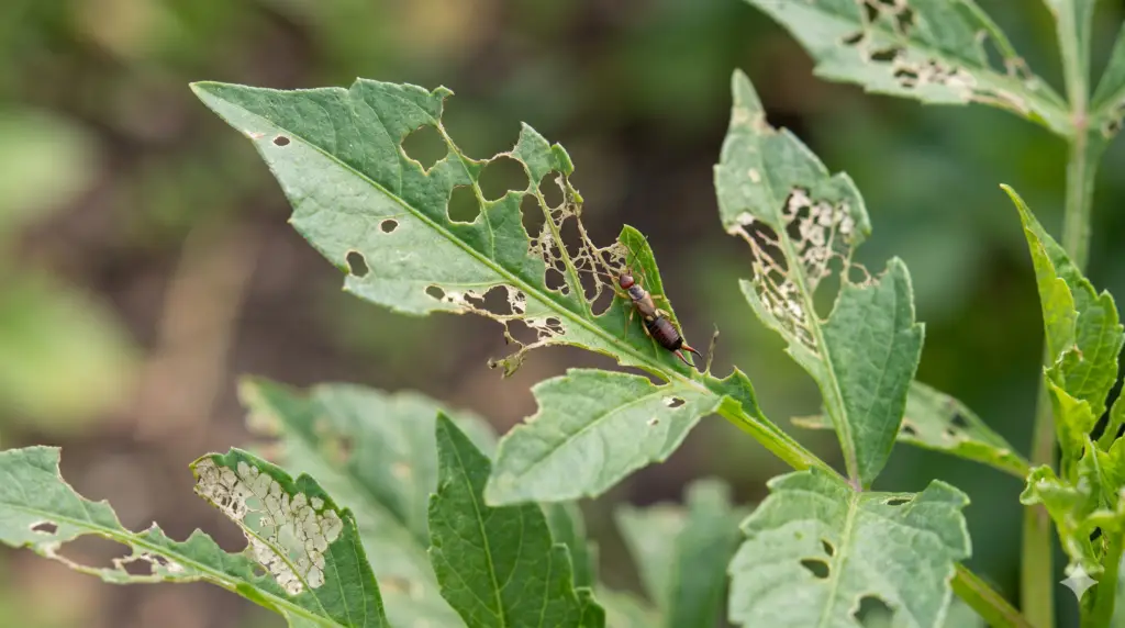Irregular holes in plant leaf caused by earwig feeding damage overnight