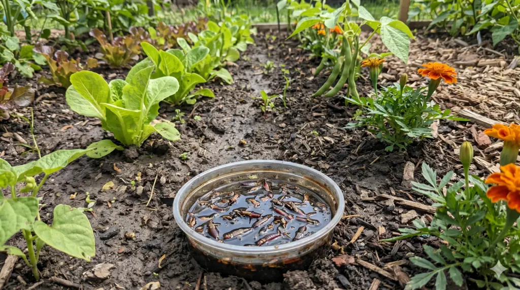 Oil and soy sauce earwig trap set at soil level between garden plants