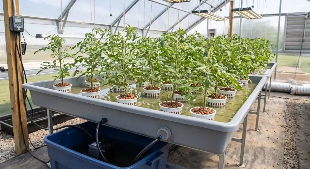 Active Aqua ebb and flow hydroponic system with tomato plants in 5-gallon growth modules