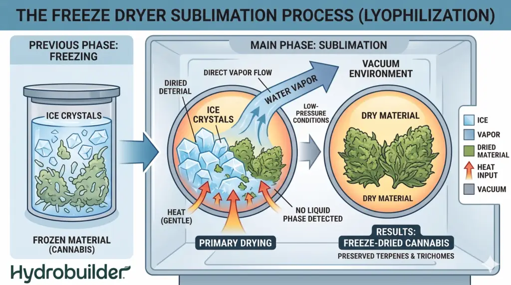 Diagram showing freeze dryer sublimation process converting ice to vapor without liquid phase