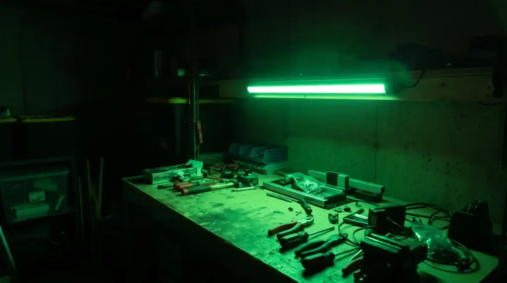 Green LED work light bar mounted over a bench in a dark grow room