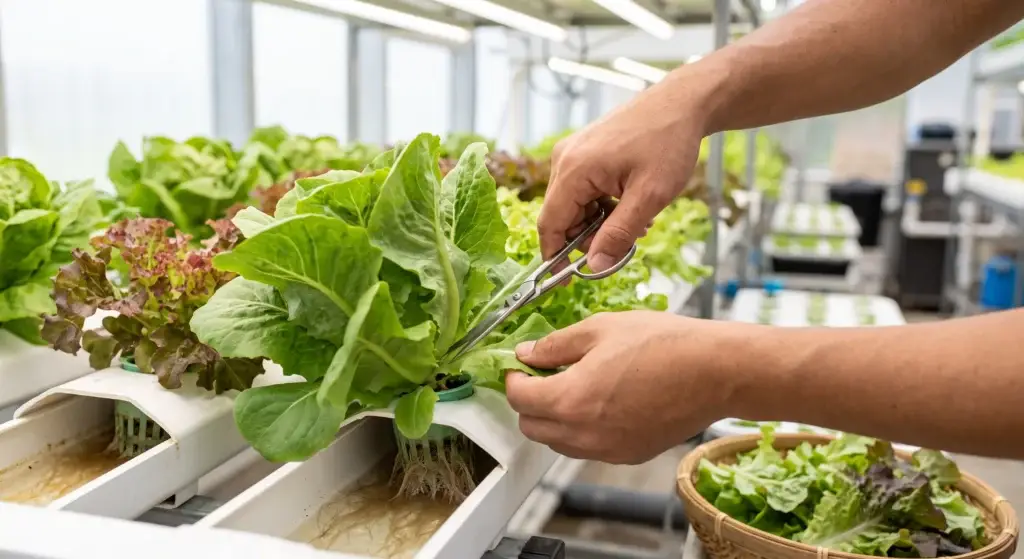 Hands harvesting outer leaves from loose-leaf hydroponic lettuce plant using cut-and-come-again method