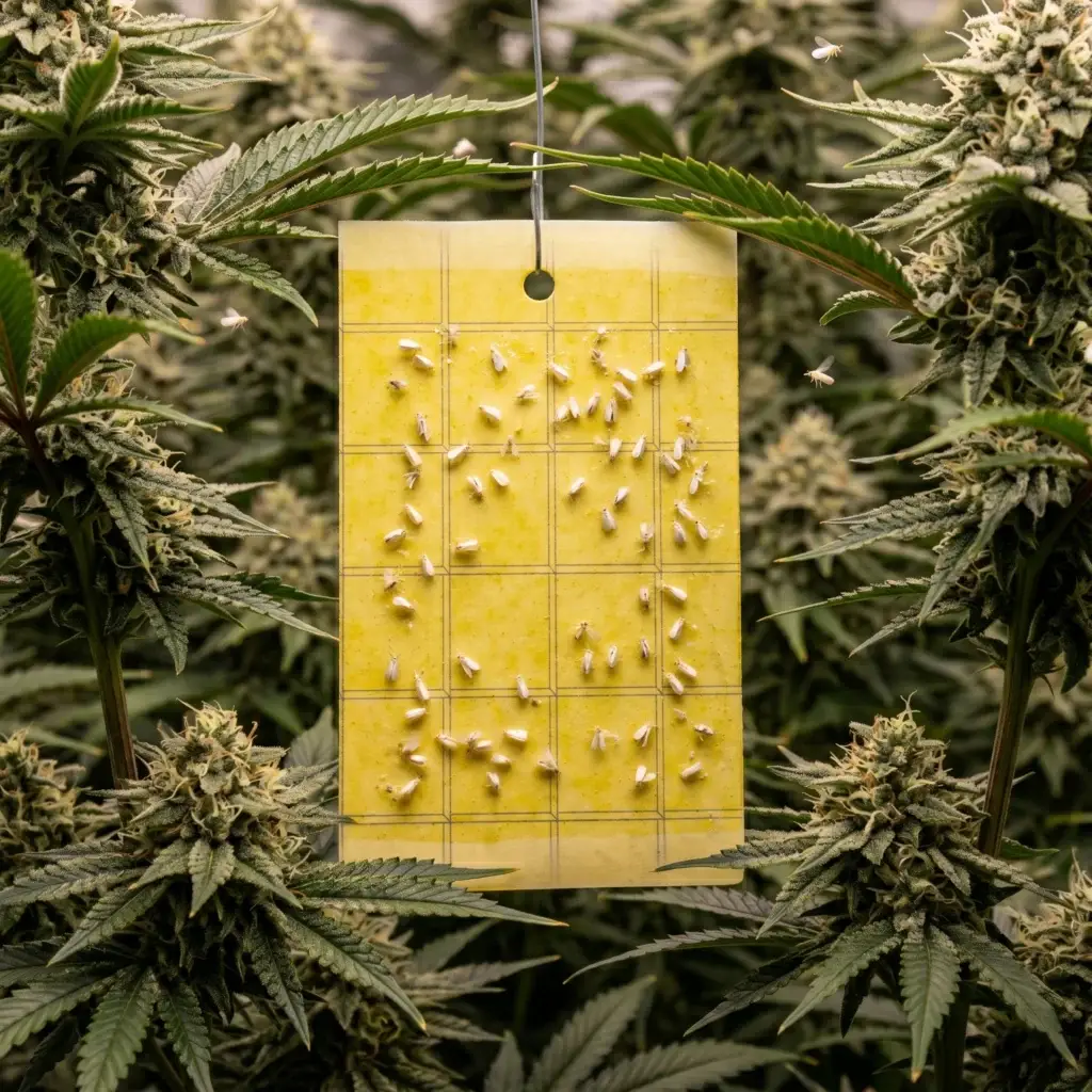 HBX yellow sticky trap positioned at cannabis canopy level with adult whiteflies caught