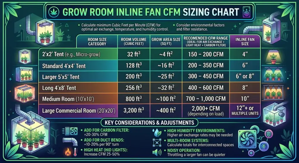 Grow room inline fan CFM sizing chart by room dimensions and grow space size