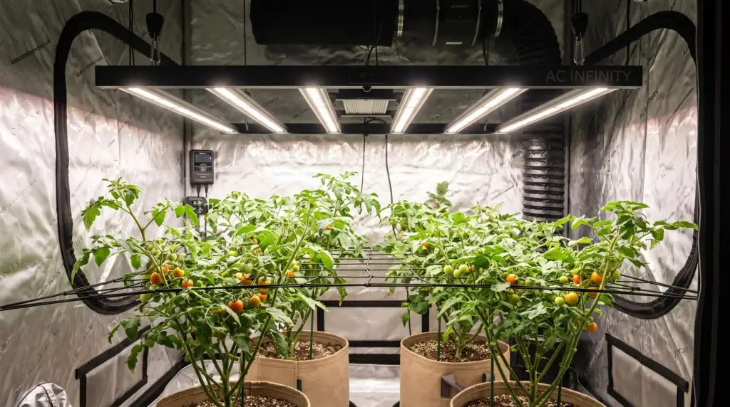 AC Infinity IONFRAME EVO6 500-watt LED grow light over hydroponic tomato canopy
