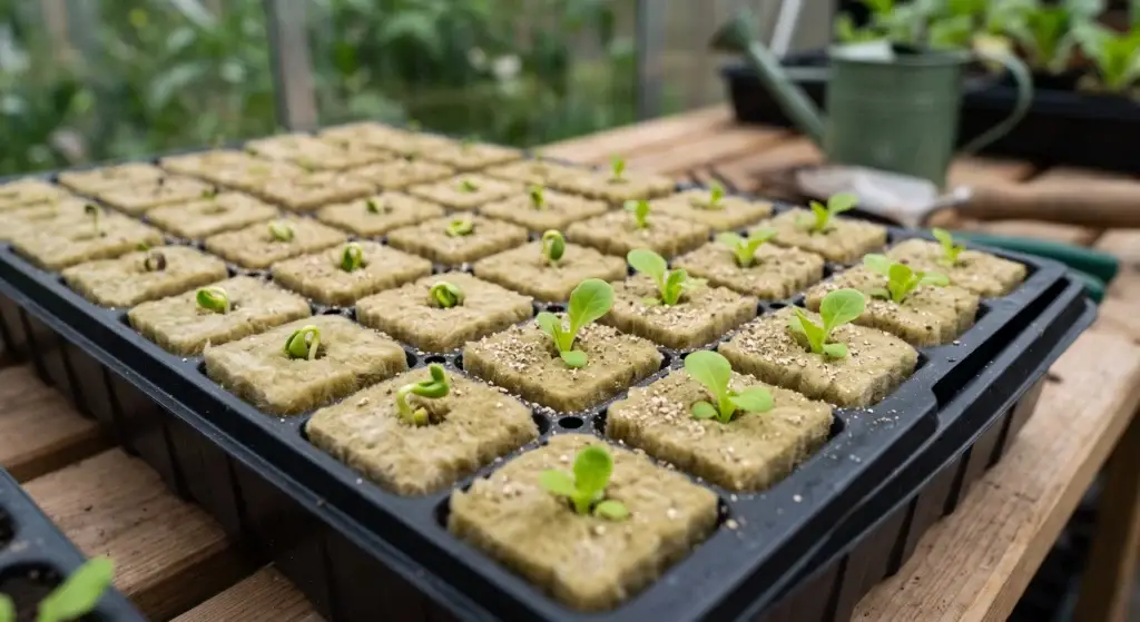 Lettuce seedlings germinating in VidaWool rockwool starter plugs on a seedling tray