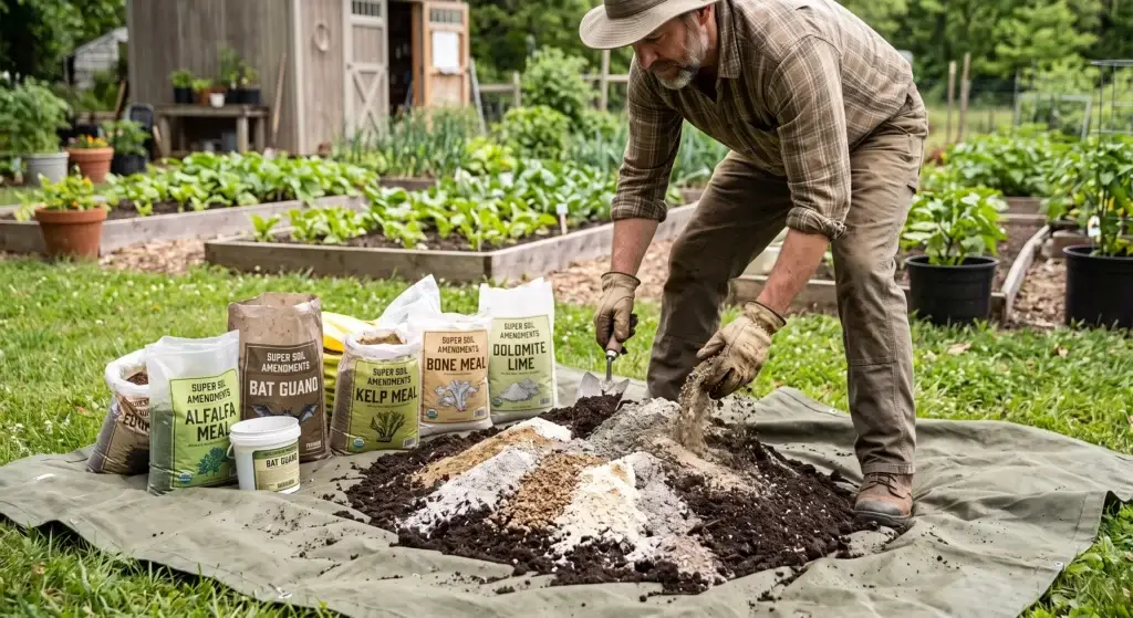 Grower mixing organic dry amendments into base potting soil on a tarp for super soil