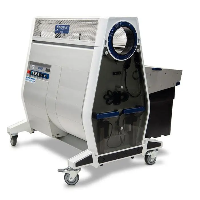 Mobius M108S commercial automatic trimming machine with AirThread tumbler and TriFlex blade system