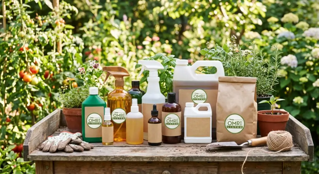 Assortment of OMRI-listed organic pest control products for garden use