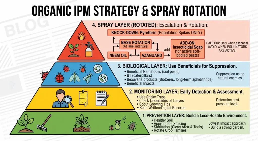 Grower applying organic spray treatment to vegetable plants as part of IPM program