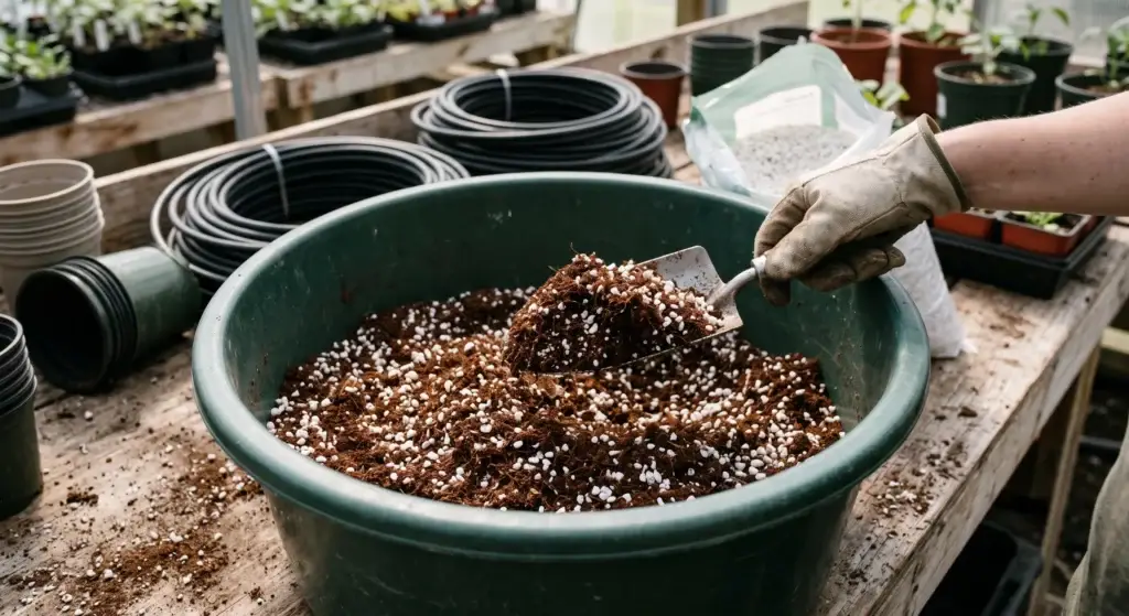 Perlite mixed into coco coir at 30 to 40 percent ratio for improved drainage in drip irrigation