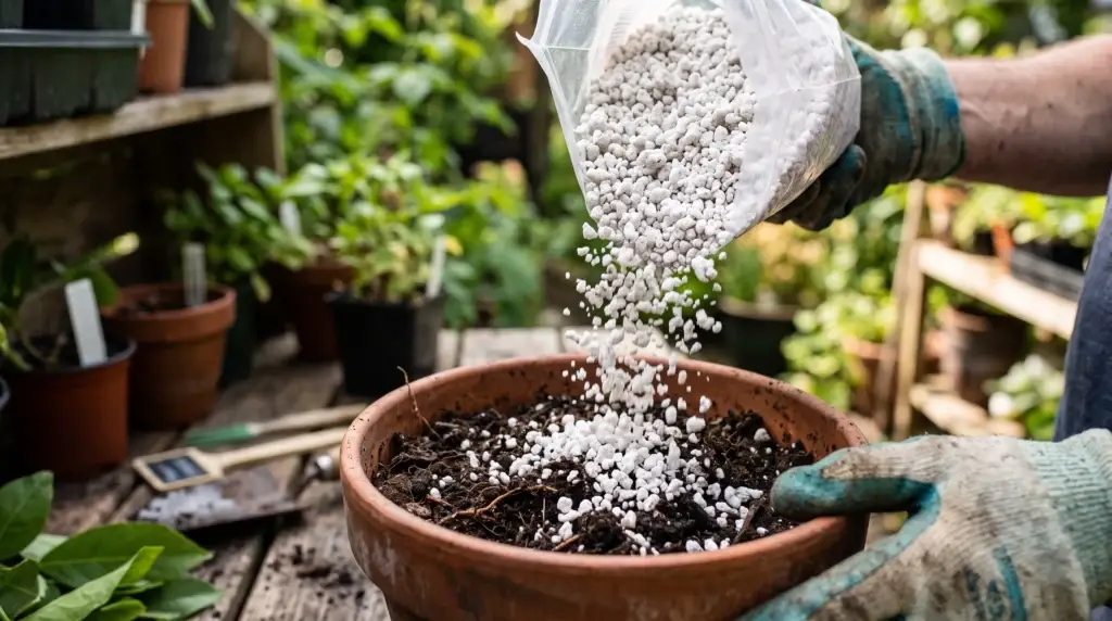 White perlite particles showing porous texture for soil aeration and drainage