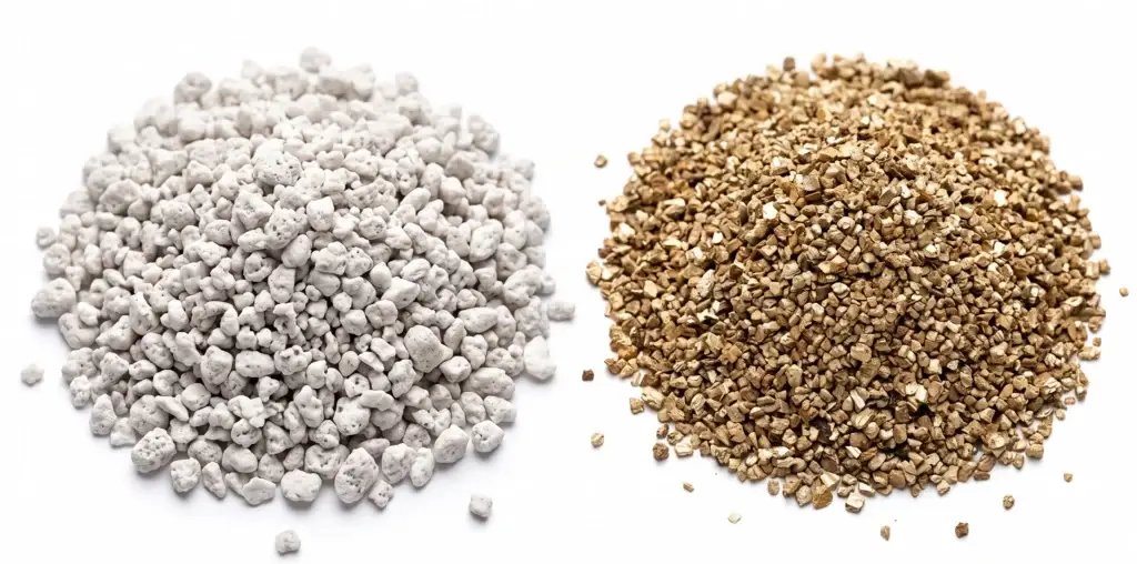 Side-by-side comparison of perlite and vermiculite granules on white background