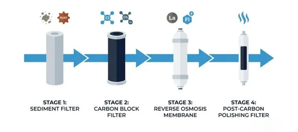 Diagram of reverse osmosis filter stages sediment carbon block RO membrane