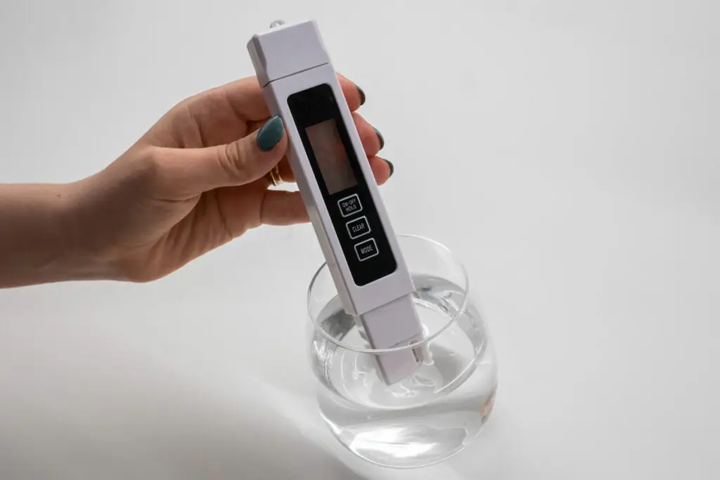 Digital pH meter measuring pre-soak water for rockwool preparation showing target range 5.5 to 6.0