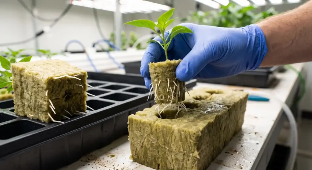 Rockwool starter plug with seedling roots visible, ready for transplant into larger grow block