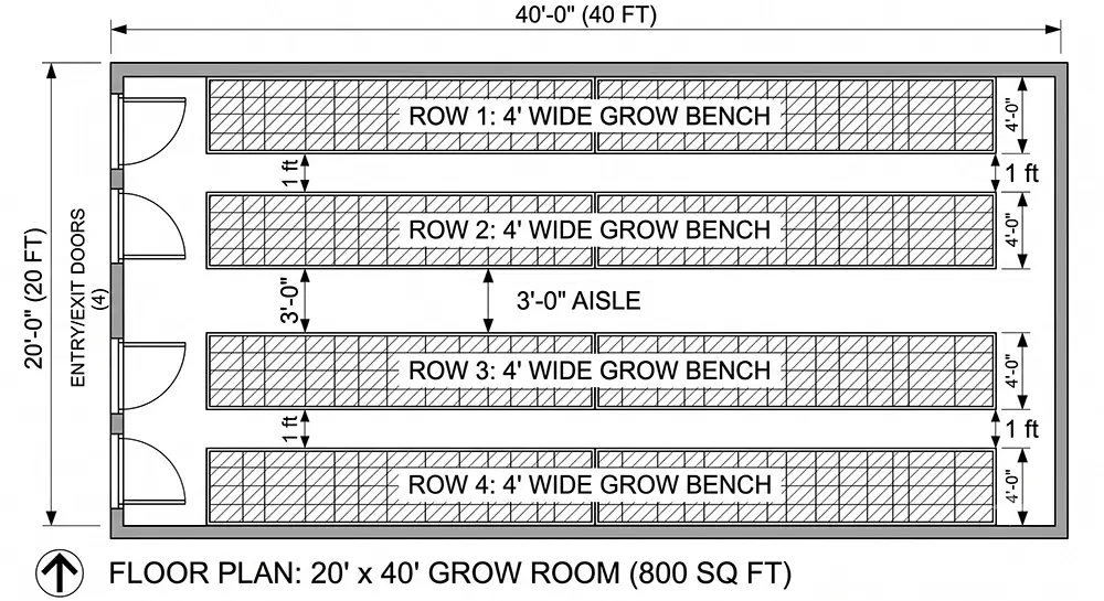 Overhead grow room plan showing four rolling bench rows, a 3-foot aisle, and labeled dimensions
