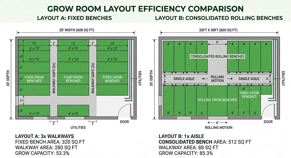 Diagram comparing static bench aisles with a rolling bench floating aisle layout