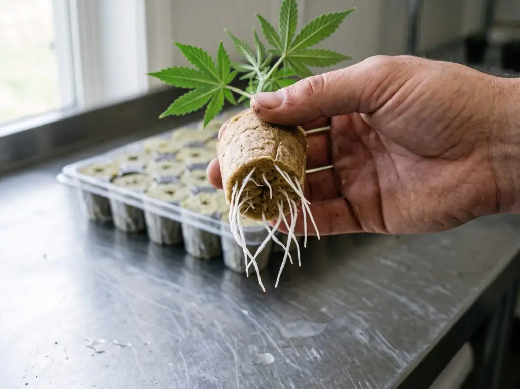 Rooted plant clones showing white root tips emerging from rockwool starter plugs after 14 days