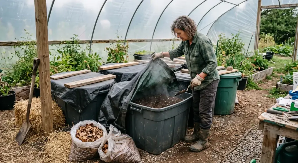 Super soil cooking in covered containers during 30 to 60 day composting process