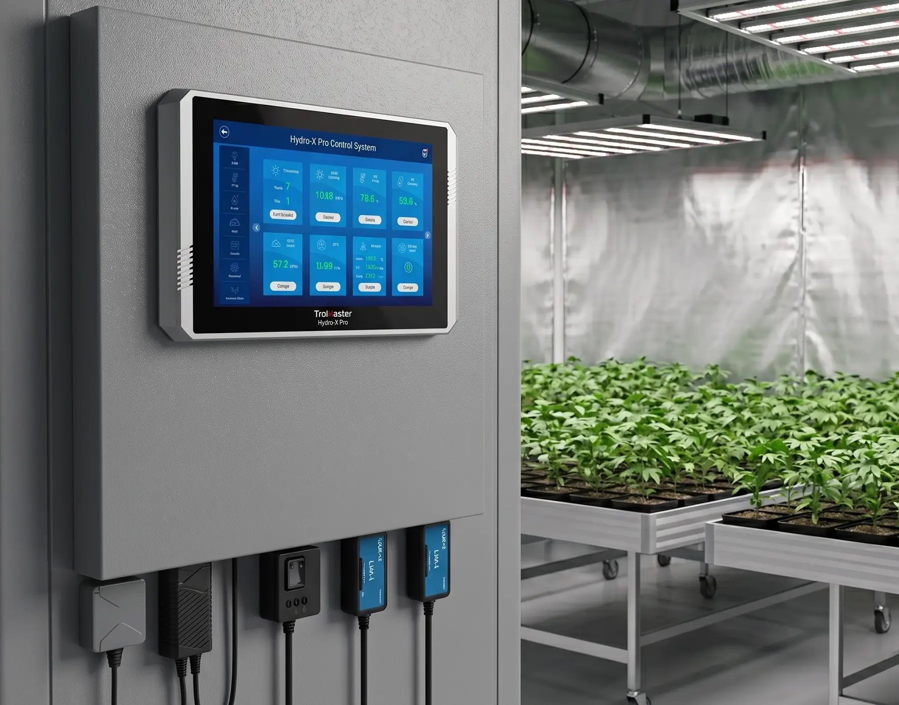 TrolMaster Hydro-X environmental controller showing temperature humidity and VPD readings in grow room