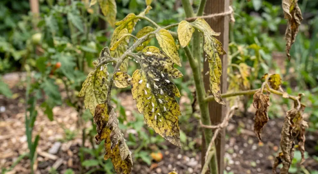 Tomato plant leaves showing whitefly damage — yellowing, sooty mold, and wilting